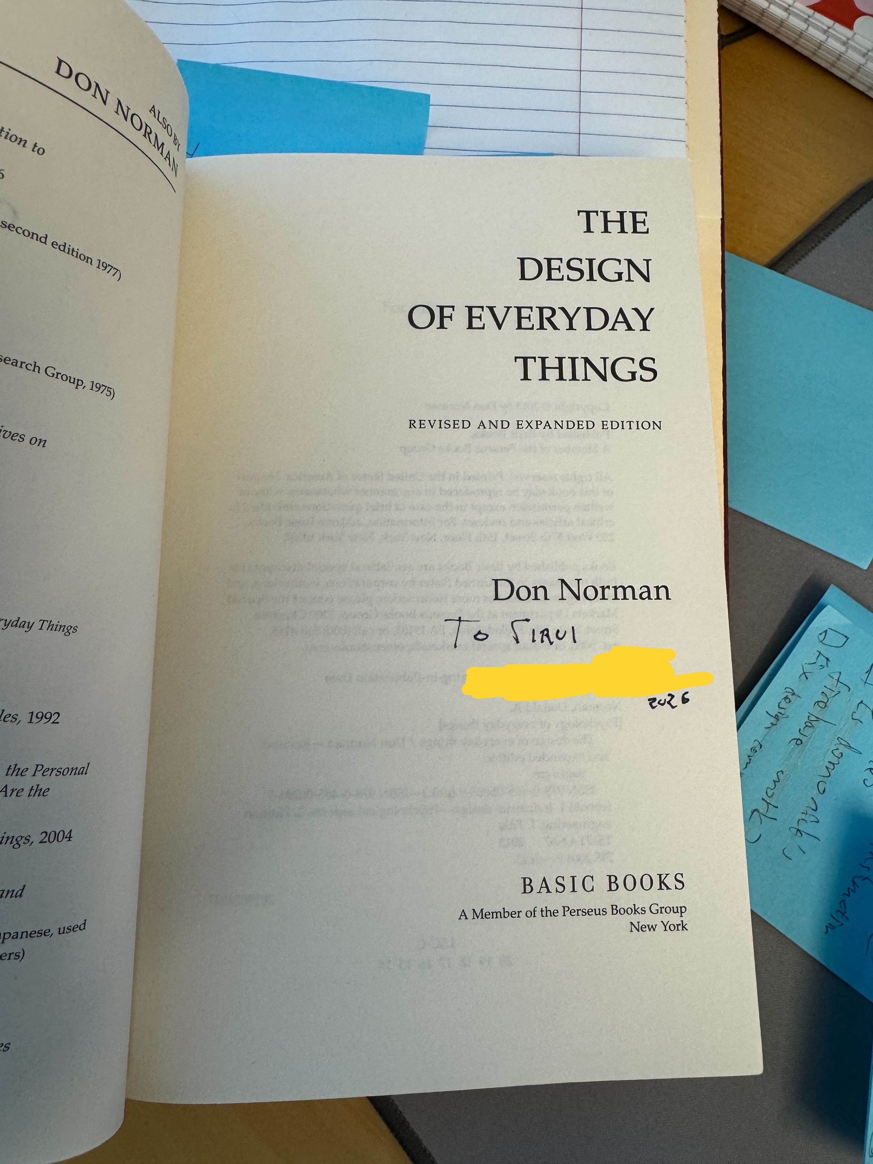 Signed title page of The Design of Everyday Things addressed to Sirui with part of the autograph redacted for privacy