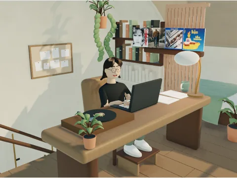 The study at 15:00, Sirui at the desk, soft contact shadows under the laptop, the turntable, the plant and the shelves