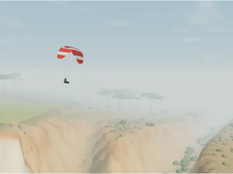 A red and white paraglider over a canyon in the north bluffs, with Torrey pines beyond
