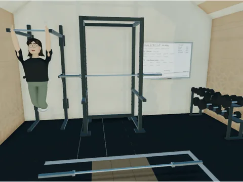 Sirui doing pull-ups on the gym's wall frame at 18:12, hands on the bar, the power cage and the training board behind him