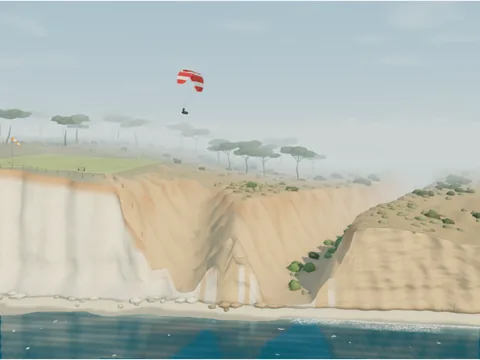Sandstone bluffs north of the house cut by a canyon, the gliderport's lawn and Torrey pines on top, and a paraglider overhead