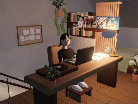 The study at 23:10, Sirui coding under the desk lamp, its warm light bouncing onto the shelves and walls