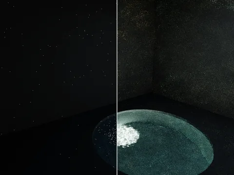 The lab's onsen rendered twice, specks of path tracing on the left and Metropolis light transport's sunlit pool floor on the right