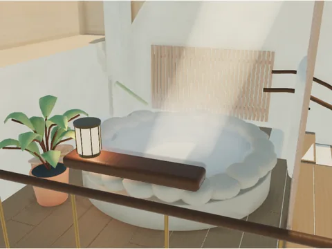 The onsen at noon in late August, a hazy beam from the light well slanting across the room onto the pool