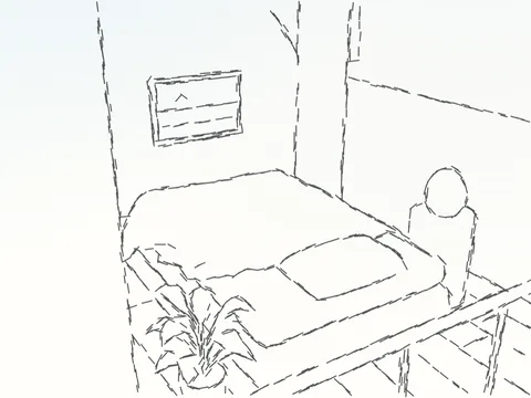 Pen strokes drawing the bedroom while the 3D home loads, the bed, a framed picture, a plant and the doorway