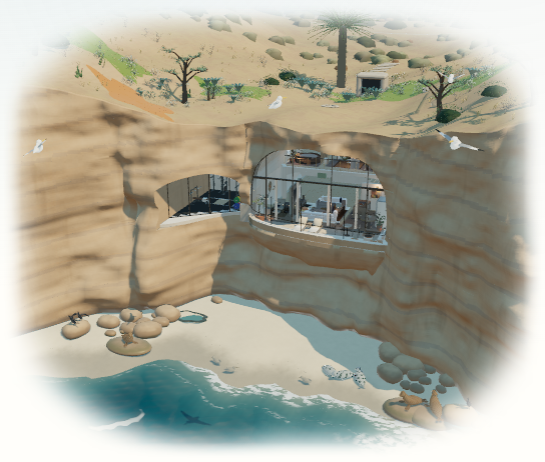 The authored view from outside with every change in place: the house in its sandstone cliff, the beach and the sea