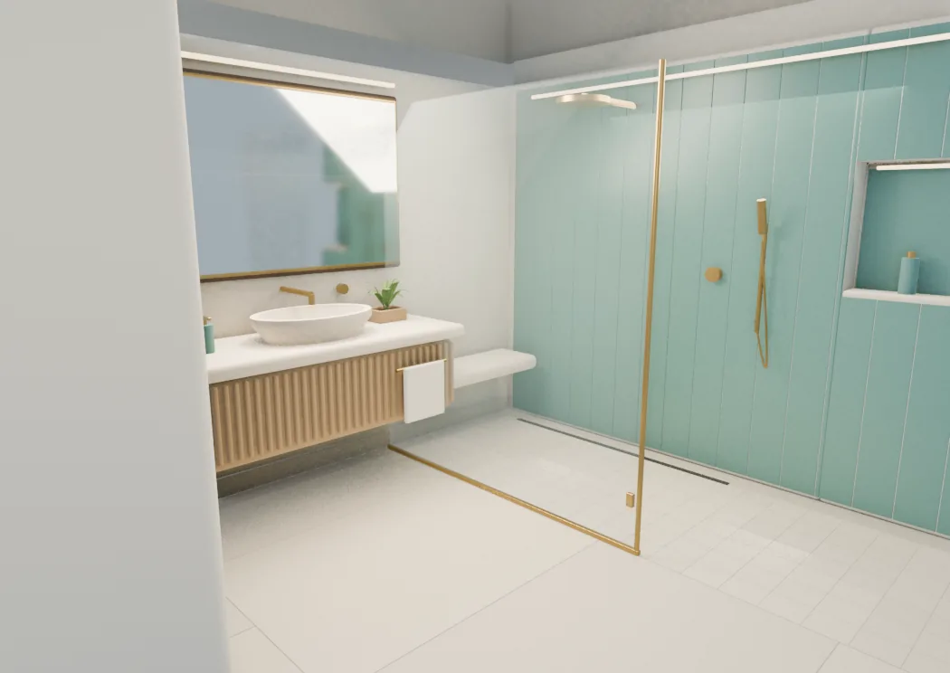 The same bathroom after the change, the floor framed by a limestone border with larger stone cuts, a small fern on the vanity and finer cuts in the shower floor
