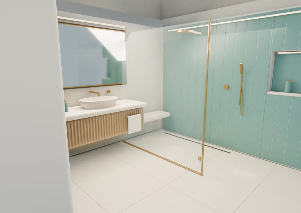 The bedroom bathroom before the change, a pale tiled floor in even squares, a timber vanity with a basin, and a glass shower with teal wall panels