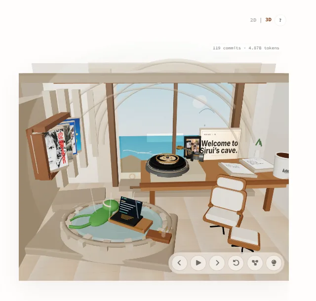 The July 3D view, a room inside the cliff with a round onsen, a lounge chair, the record player, a Welcome to Sirui's cave note and an ocean window