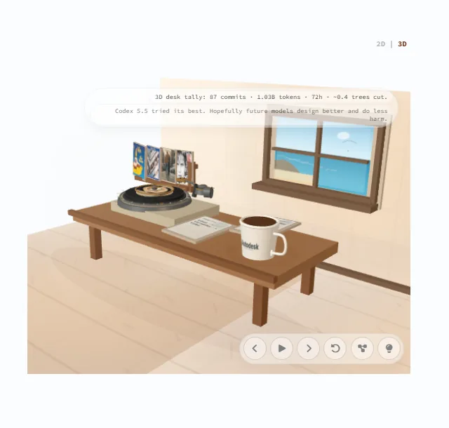 The June 3D view, a small floating stage with a low wooden table, a record player, a mug and a window, with no room around it
