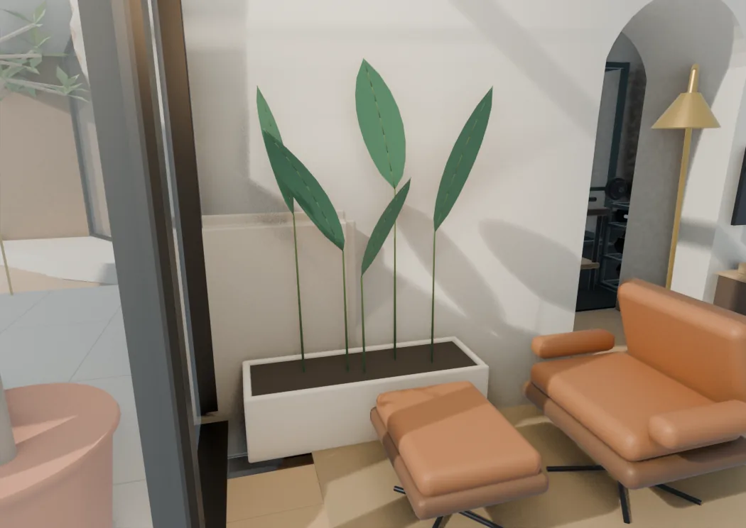 The same window after the change, the olive gone and a white stone planter holding a tall fan of Strelitzia leaves beside the lounge chairs and a brass floor lamp