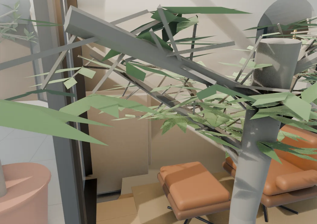 The living room's north window before the change, a freestanding olive's grey trunk and angular leaves crowding the foreground in front of two orange lounge chairs