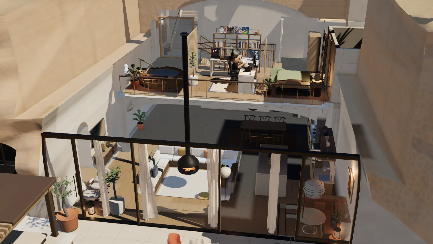 The cutaway house before the retreat, its upper floor holding my desk, bookshelves and a bed above the double-height living room with its hanging fireplace