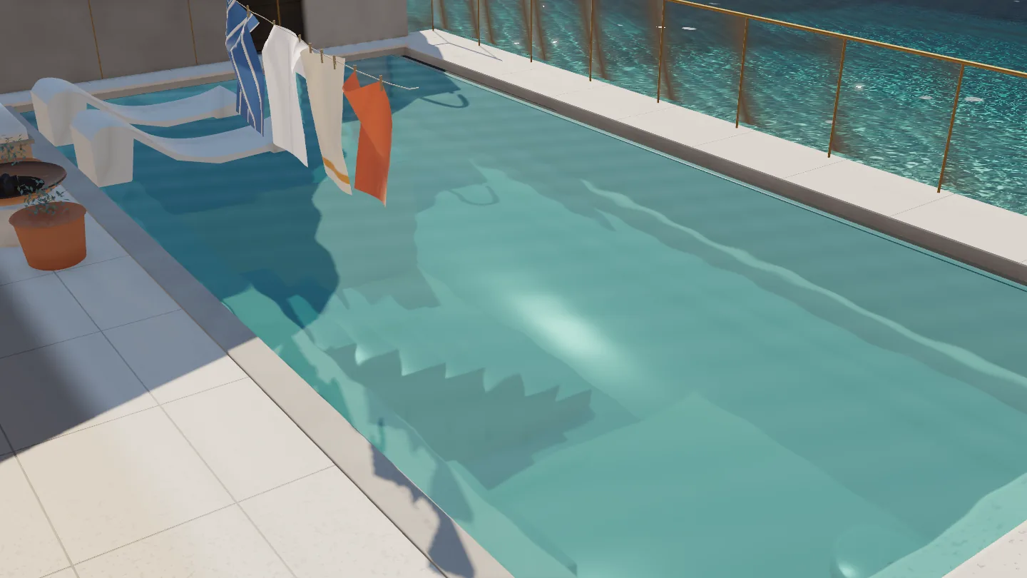 The pool before the retreat, a long turquoise basin on a pale terrace with a glass rail and open sea beyond, and a laundry line with towels at its far end