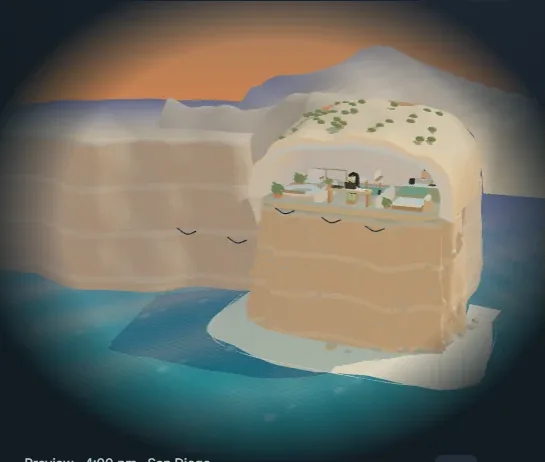 The outside view before the change, a smooth pale cliff block with flat bands holding the open room, under an orange sky above a turquoise sea