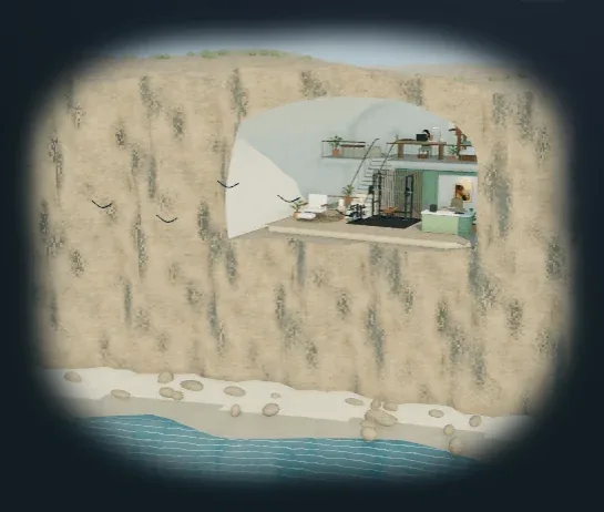 The rebuilt exterior by day, a tall sandstone cliff with the two-floor cave room cut into it, gulls along the face and a pebbled beach and surf at its foot