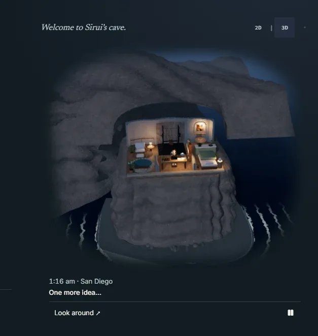 My night screenshot of the 3D home, the lit room sitting on a dark rock pedestal surrounded by water, with the caption One more idea at 1:16 am