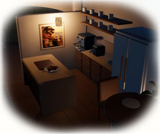 The same kitchen after the change, darker overall, with a warm wall lamp lighting the framed print and the island while the corners fall into shadow