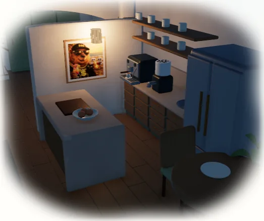 The kitchen at night before the change, grey walls, the island and the cabinets all lit to the same flat brightness