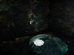 Metropolis light transport after one minute: a bright patch of sunlight on the pool floor, a glowing teal pool, and grainy, blotchy walls