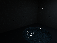 Path tracing after one minute: a dark grotto scattered with isolated white specks, and a loose cluster of dots where sunlight should gather on the pool floor
