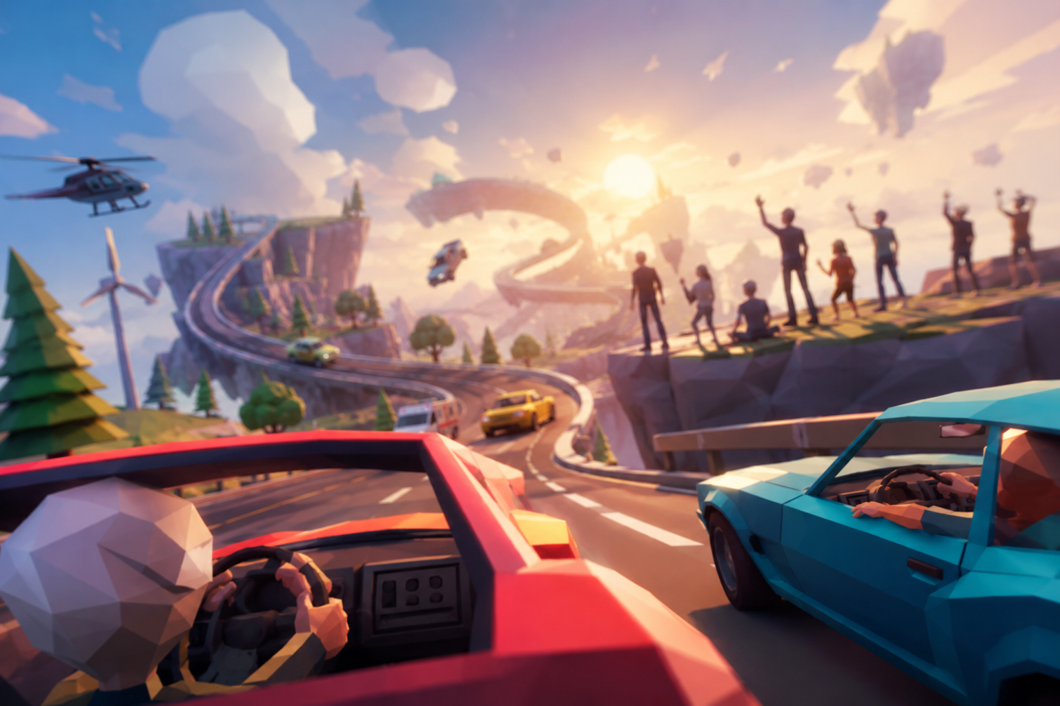 Playful virtual driving world with spectators and winding roads
