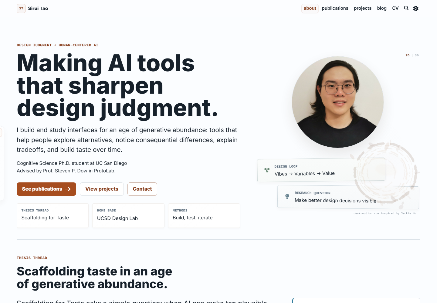 Exact replay of commit 588e36509 in the light-theme 2D homepage view, with Sirui's portrait, research slips, and a coffee-stain desk cue