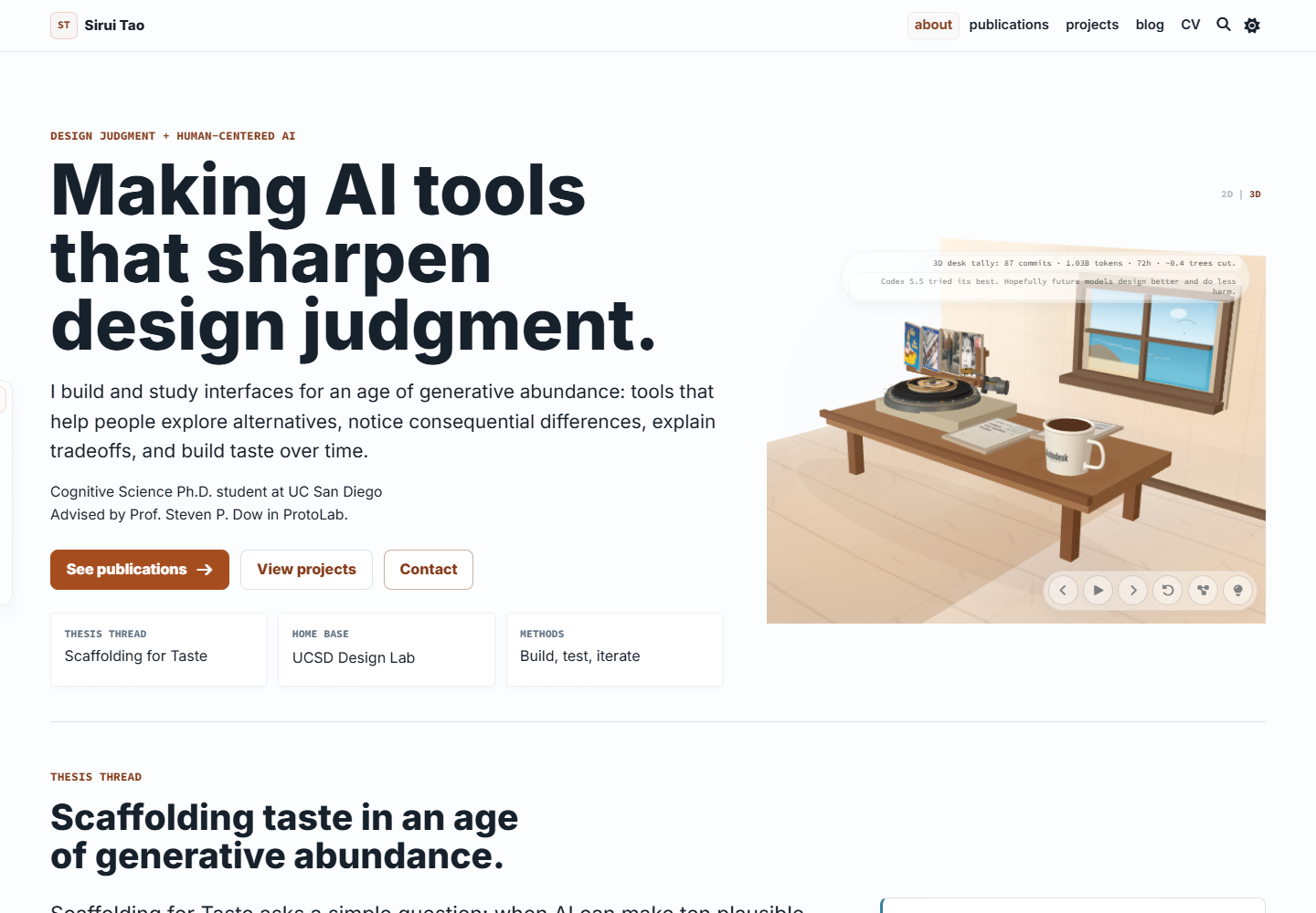 Exact replay of commit 588e36509 in the light-theme 3D homepage view, where a small desk-room stage occupies the right half while a black backdrop obscures much of the page