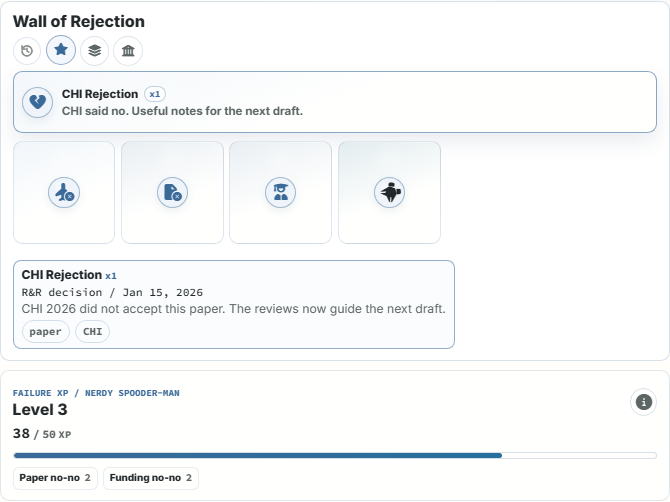 Wall of Rejection with a selected rejection receipt, event badges, and a Failure XP total that counts each rejection once