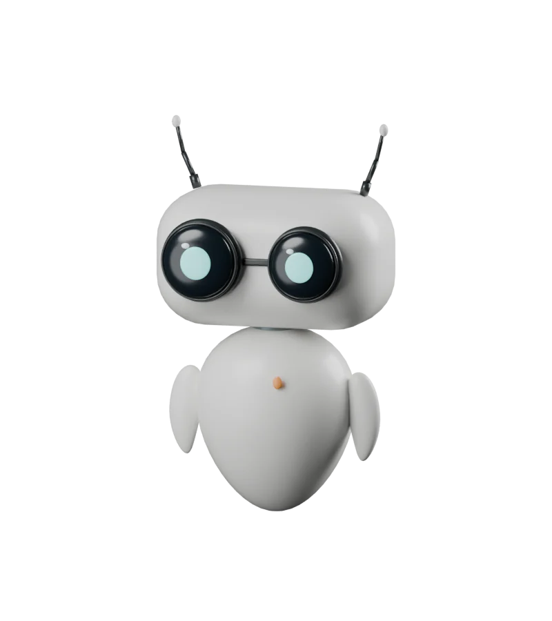P: a white floating robot with two antennae, unequal round lens eyes, an orange dot, and small detached arms